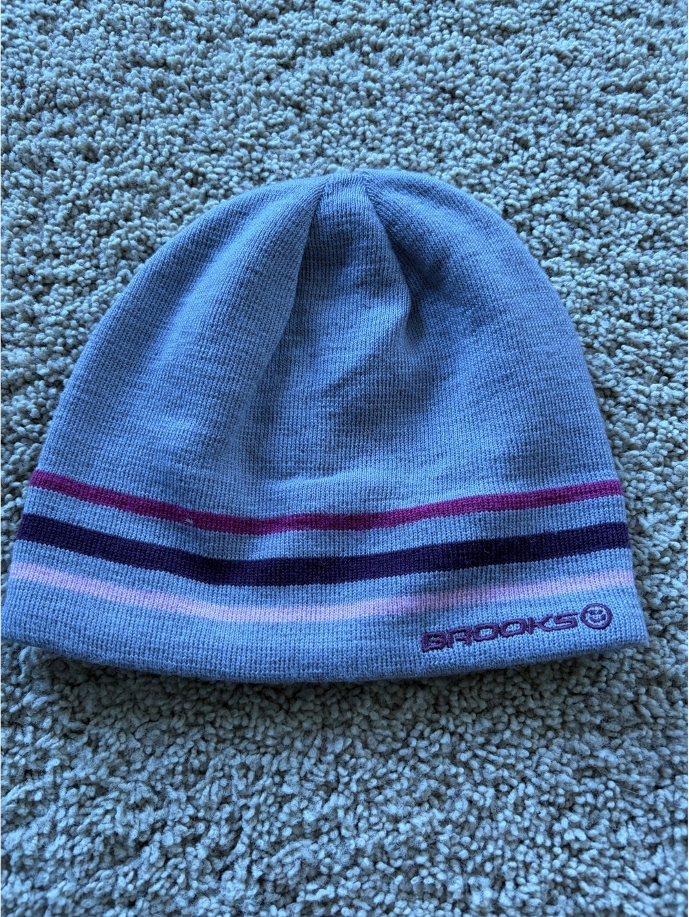 Brooks Wool Blend Beanie Hat Purple Striped Winter Knit Running One Size wool